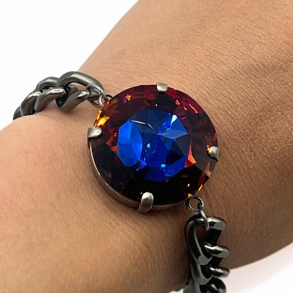 Handcrafted Large Exotic Red w/ Blue Swarovski Crystal Chunky Chain Bracelet - Picture 11 of 16